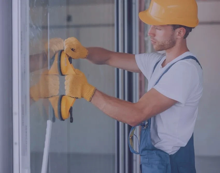 Sliding door repair technician working on a contemporary aluminum glass door